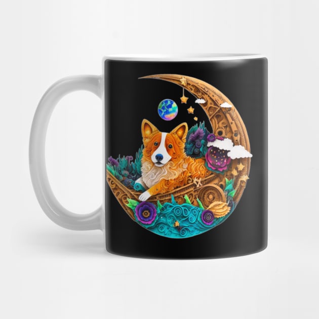 Corgi Dog in Space on Crescent Moon Planets Stars Cute Art Digital Painting by joannejgg